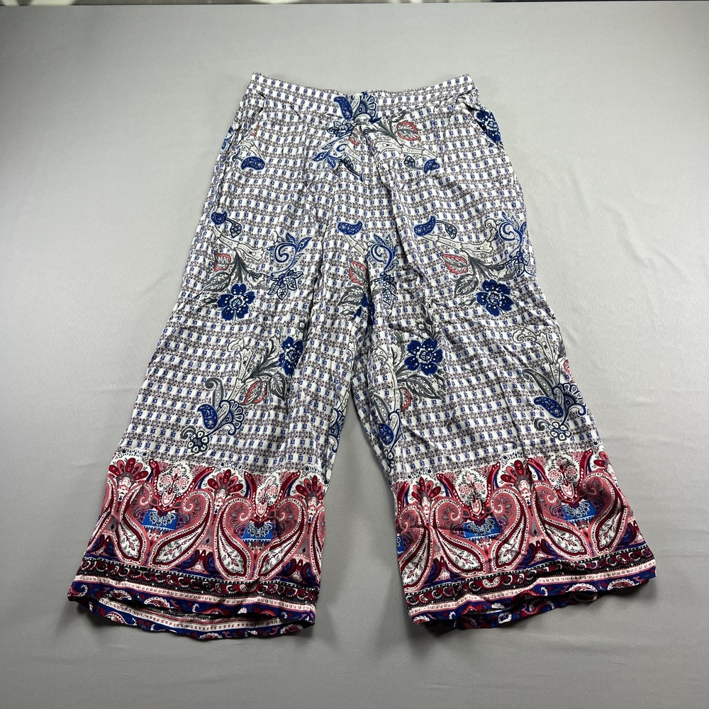Umgee Wide Leg Pants in White, Blue & Red Paisley